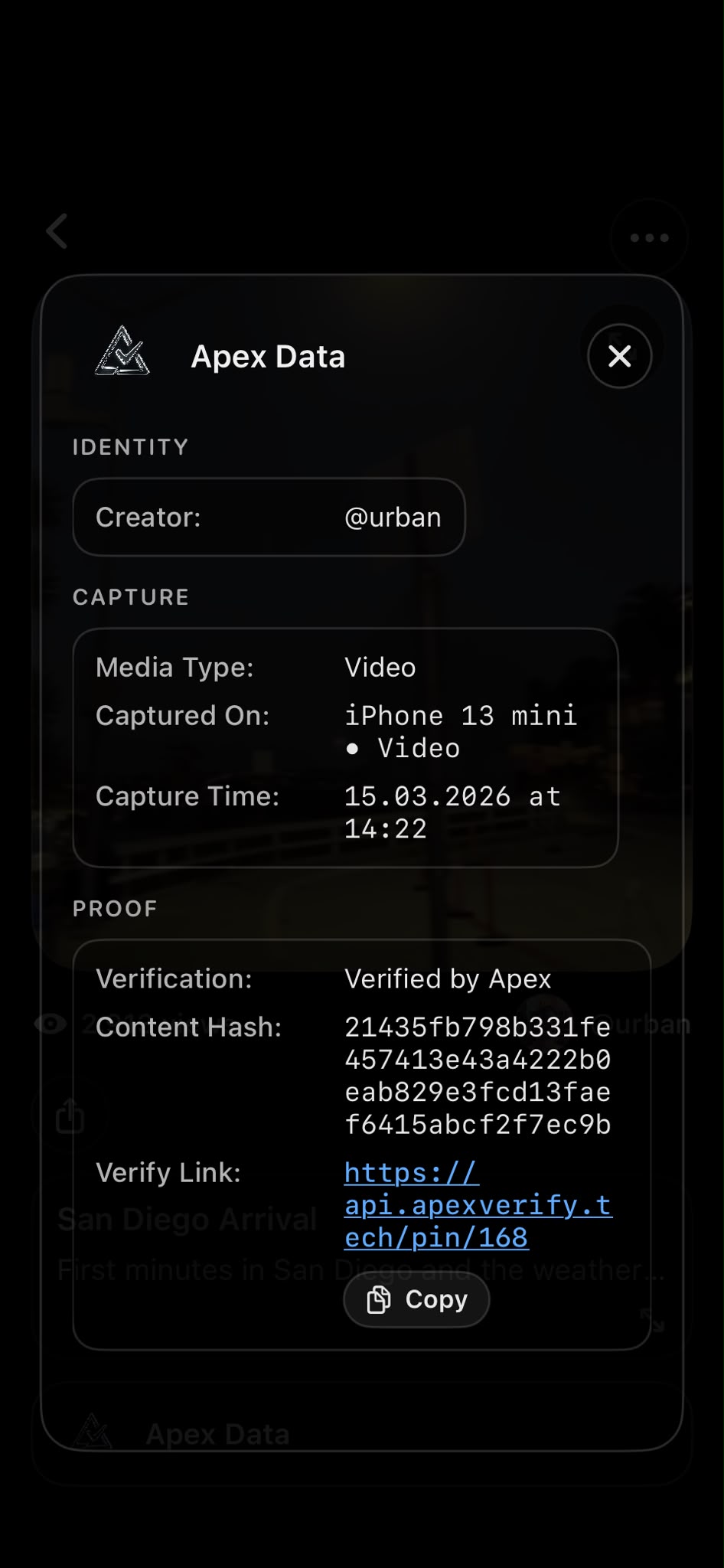 Apex Data with identity, capture and proof details